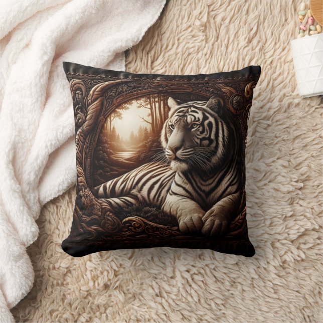 Bengal Tiger Relaxing in Woodland at Dusk Cushion (Blanket)