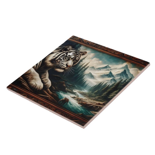 Bengal Tiger Resting by Mountain River Ceramic Tile (Side)