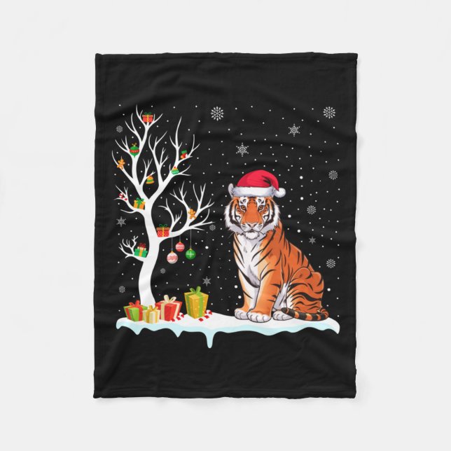 Bengal Tiger Santa Hat Festive Tree Light Christma Fleece Blanket (Front)