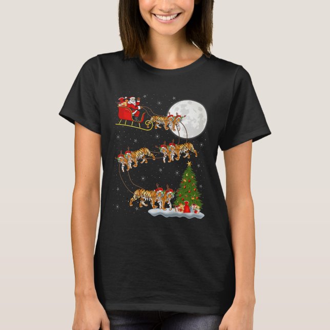 Bengal Tiger Santa Sleigh Flying Funny Magical Chr T-Shirt (Front)