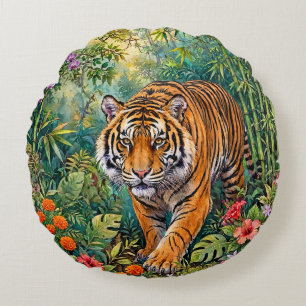 Bengal Tiger Vibrant Bamboo Jungle Round Cushion