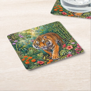 Bengal Tiger Vibrant Bamboo Jungle Square Paper Coaster