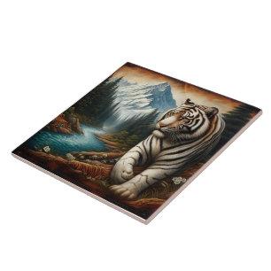 Bengal Tiger Walking by Mountain River at Dusk Ceramic Tile