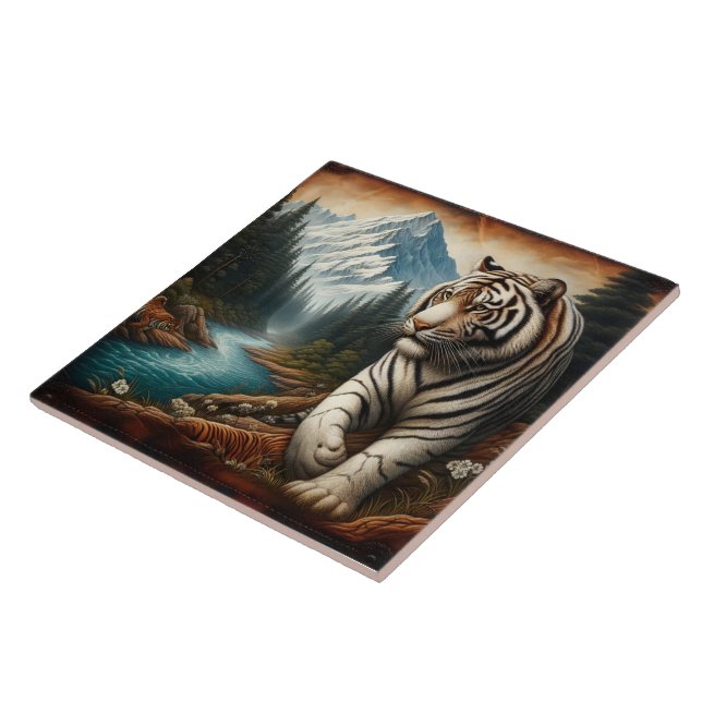 Bengal Tiger Walking by Mountain River at Dusk Ceramic Tile (Side)