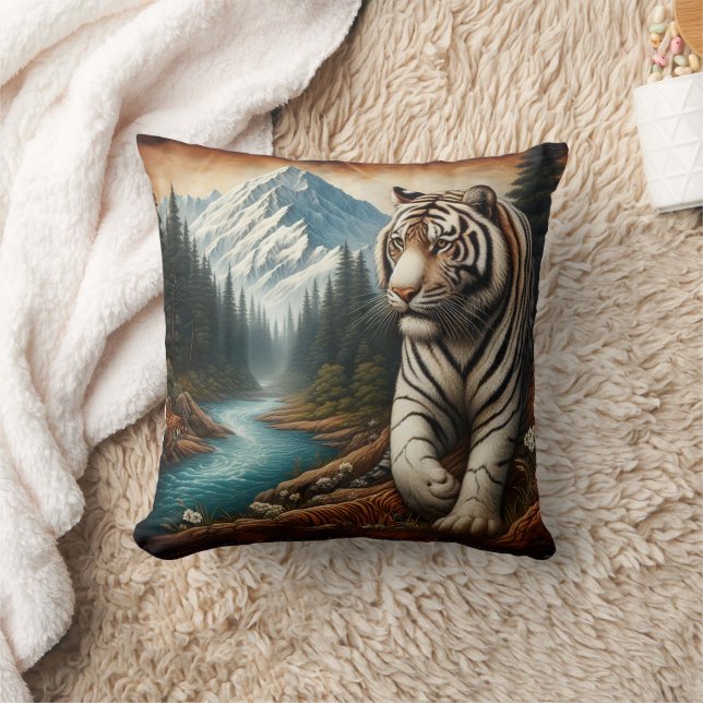 Bengal Tiger Walking by Mountain River at Dusk Cushion (Blanket)