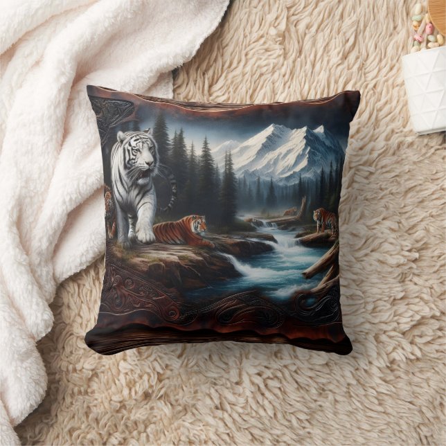 Bengal Tigers in a Mountain Landscape Cushion (Blanket)