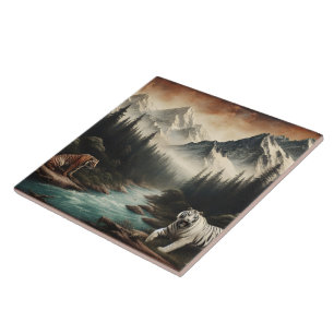 Bengal Tigers in Majestic Mountain Landscape Ceramic Tile