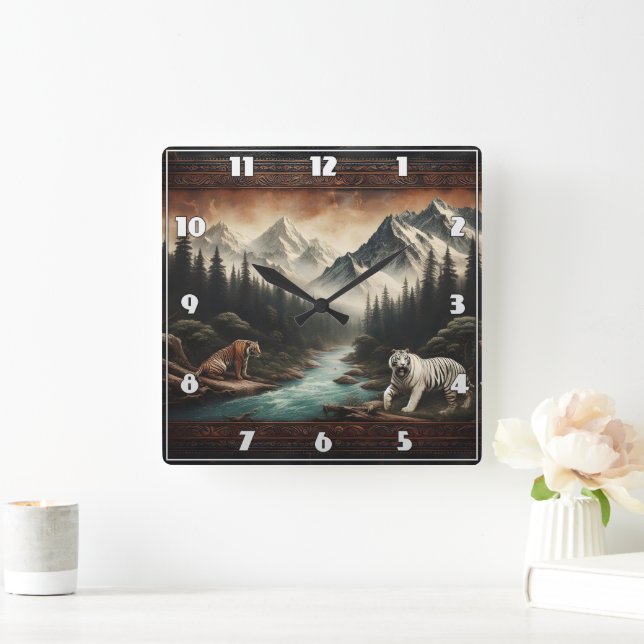 Bengal Tigers in Majestic Mountain Landscape Square Wall Clock (Home)