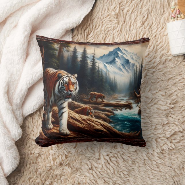 Bengal Tigers Near Mountain Stream at Dawn Cushion (Blanket)