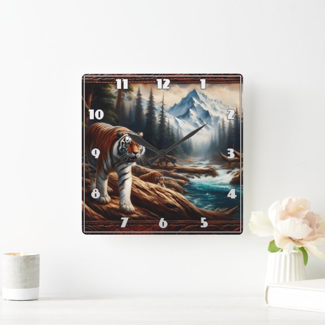 Bengal Tigers Near Mountain Stream at Dawn Square Wall Clock (Home)