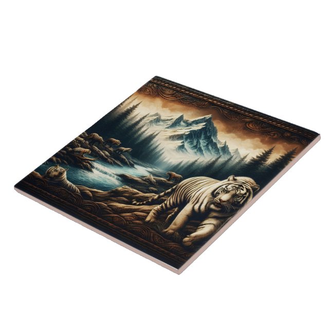 Bengal Tigers Near Mountain Stream in Wilderness Ceramic Tile (Side)