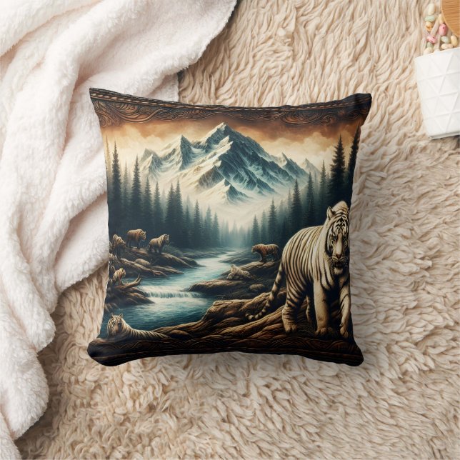 Bengal Tigers Near Mountain Stream in Wilderness Cushion (Blanket)