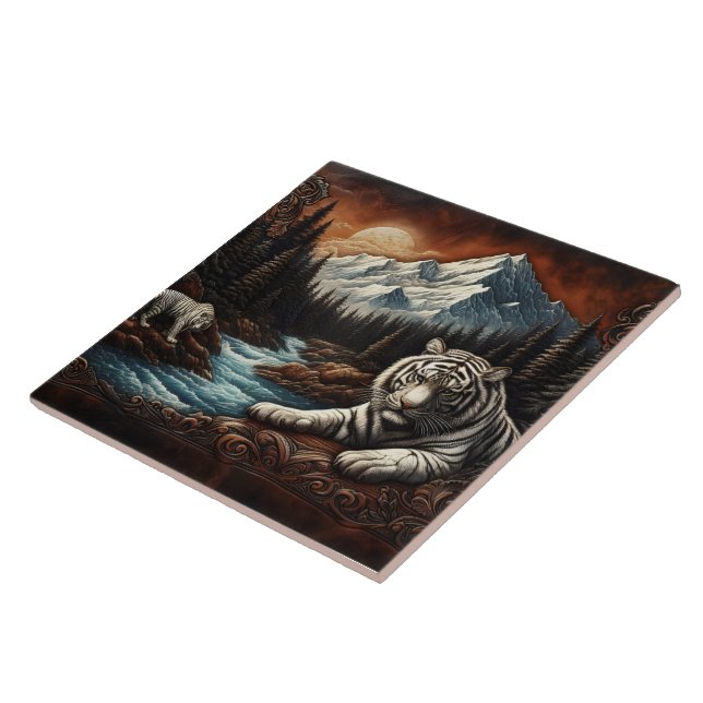 Bengal Tigers Relaxing by a Serene Mountain Stream Ceramic Tile (Side)