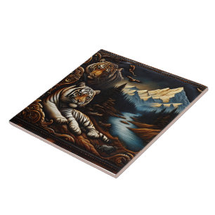 Bengal Tigers Resting Near Serene Mountain River Ceramic Tile