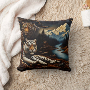 Bengal Tigers Resting Near Serene Mountain River Cushion