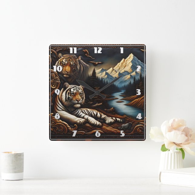 Bengal Tigers Resting Near Serene Mountain River Square Wall Clock (Home)