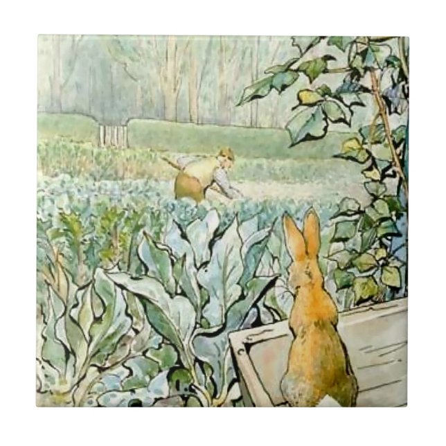 “Benjamin Bunny Watches Farmer Brown” by Beatrix P Ceramic Tile (Front)