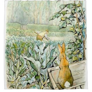 “Benjamin Bunny Watches Farmer Brown” by Beatrix P Shower Curtain