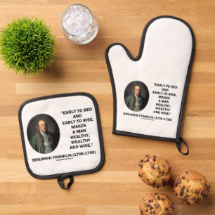 Benjamin Franklin Healthy Wealthy Wise Quote Oven Mitt & Pot Holder Set