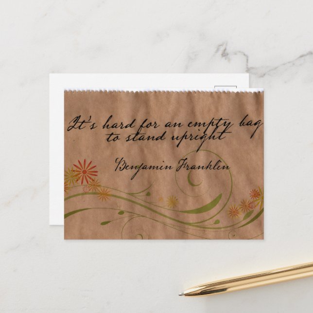 Benjamin Franklin Inspirational Quote "Empty Bag" Postcard (Front/Back In Situ)