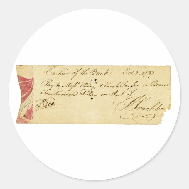 Benjamin Franklin Signed Check October 2, 1787 Classic Round Sticker (Front)