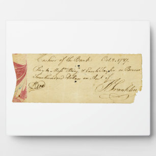Benjamin Franklin Signed Check October 2, 1787 Plaque