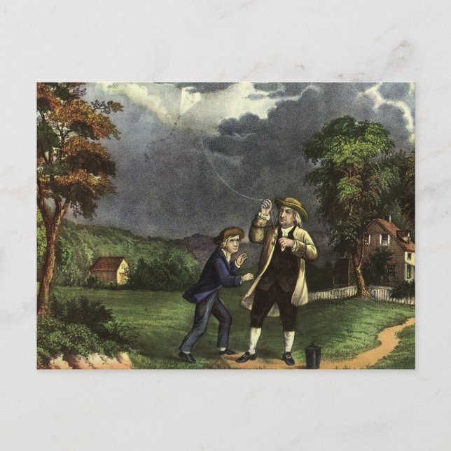 Benjamin Franklin's Lightning with Kite Experiment Postcard (Front)