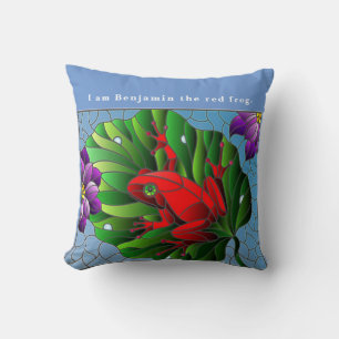 Benjamin the Red Frog Pond Flower Green Lotus Leaf Cushion