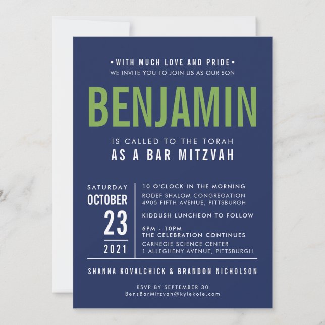 BENJAMIN'S BAR MITZVAH navy blue green Invitation (Front)