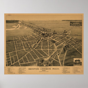 Benton Harbour Michigan 1889 Antique Panoramic Map Poster