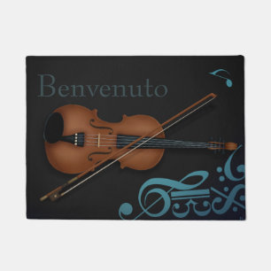 "Benvenuto" Violin & Bow Elegant Black & Turquoise Doormat