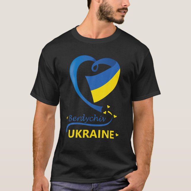 Berdychiv Ukraine National Flag Heart Emblem Crest T-Shirt (Front)