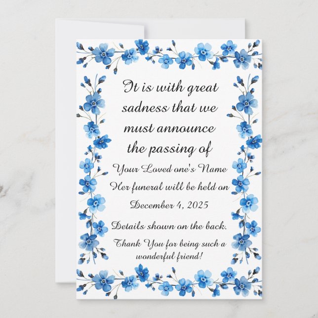 Bereavement Funeral Notification of Passing Card (Front)