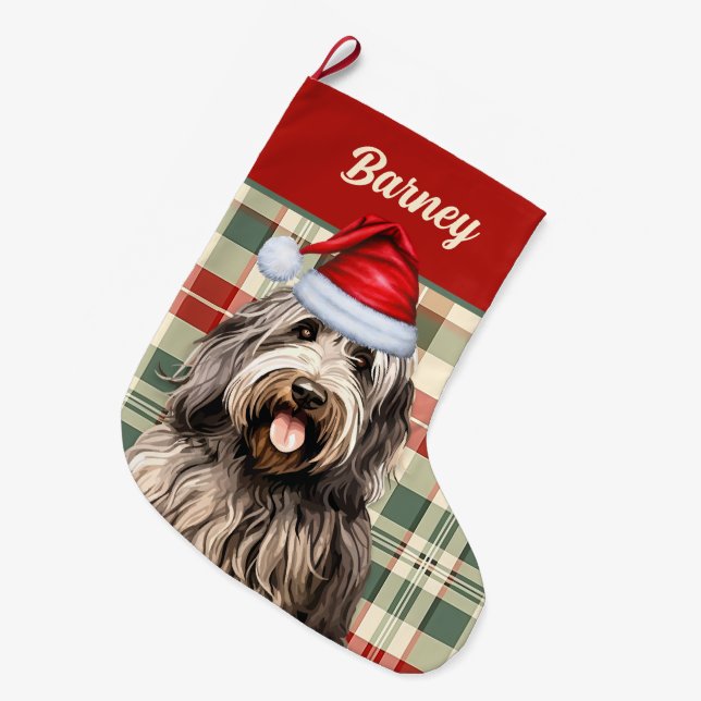 Bergamasco Holiday Plaid with Dog's Name Large Christmas Stocking (Front (Hanging))