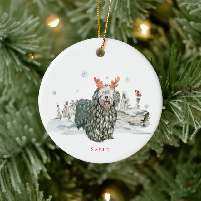 Bergamasco Sheepdog Watercolor Dog | Monogram Ceramic Ornament (Tree)