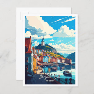 Bergan Oslo Norway Art vintage travel illustration Postcard