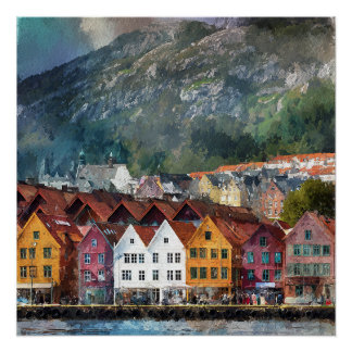 Bergen Norway Beautiful Colourful Houses Vintage Poster