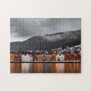 Bergen Norway Colourful Houses Northern Lights Jigsaw Puzzle