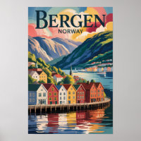 Bergen Norway Illustration Travel Art Vintage