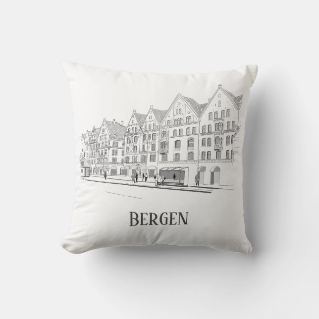 Bergen Norway Streetscape Beautiful Line Drawing Cushion (Front)
