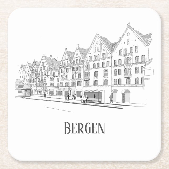 Bergen Norway Streetscape Beautiful Line Drawing  Square Paper Coaster (Front)