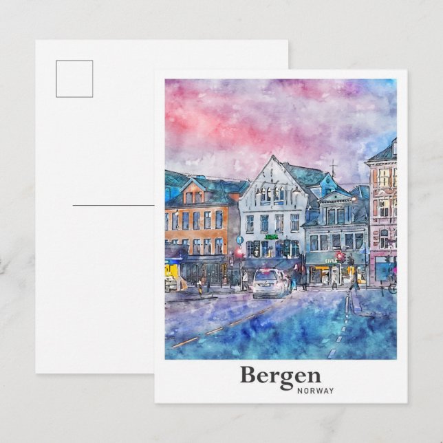 Bergen Norway Travel Watercolor Sketch Hand Drawn  Postcard (Front/Back)