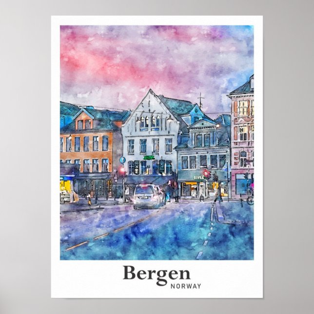 Bergen Norway Travel Watercolor Sketch Hand Drawn  Poster (Front)