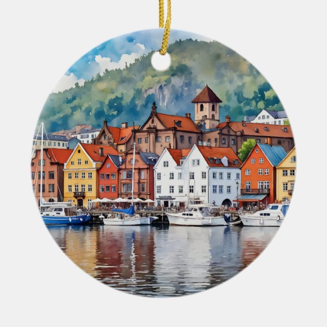 Bergen Norway Watercolor Ceramic Ornament (Front)