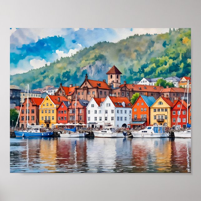 Bergen Norway Watercolor Poster (Front)
