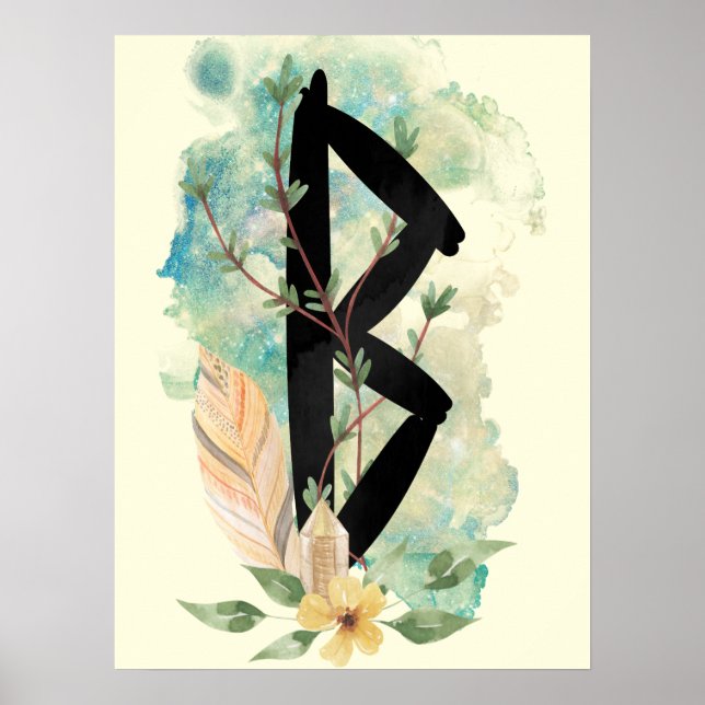 Berkano Floral Green & Yellow Norse Futhark Rune Poster (Front)