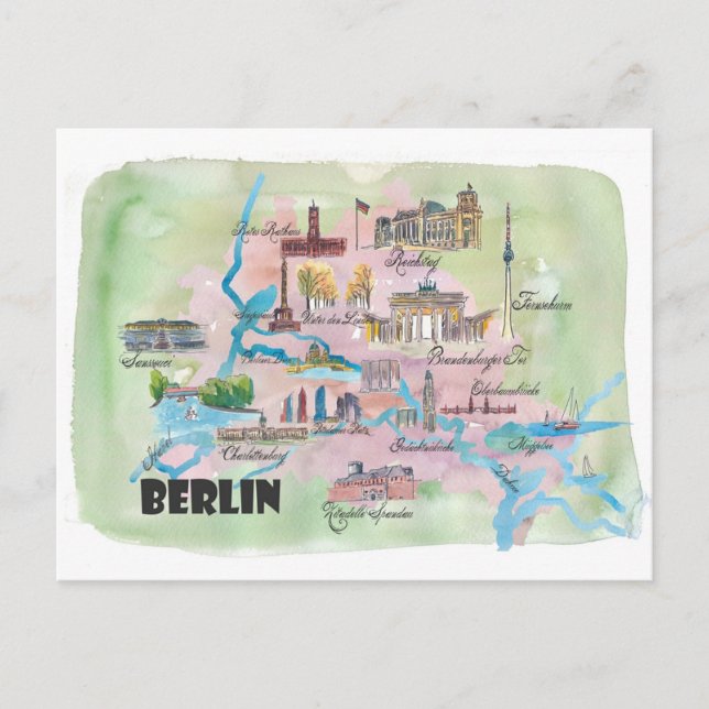 Berlin Favourite Map with Touristic Places Postcard (Front)