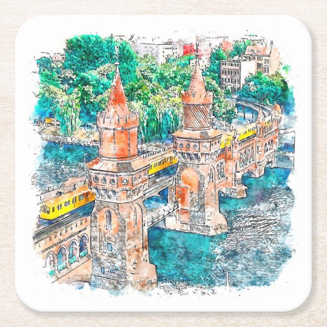 Berlin Germany Hand Drawn Watercolor Sketch Square Paper Coaster (Front)