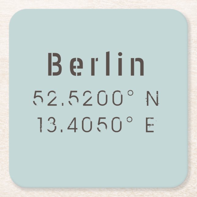 Berlin Latitude Longitude Square Paper Coaster (Front)