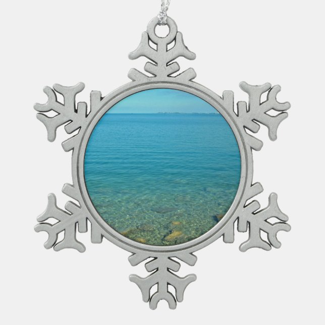 Bermuda Blue Green Waters Snowflake Pewter Christmas Ornament (Front)